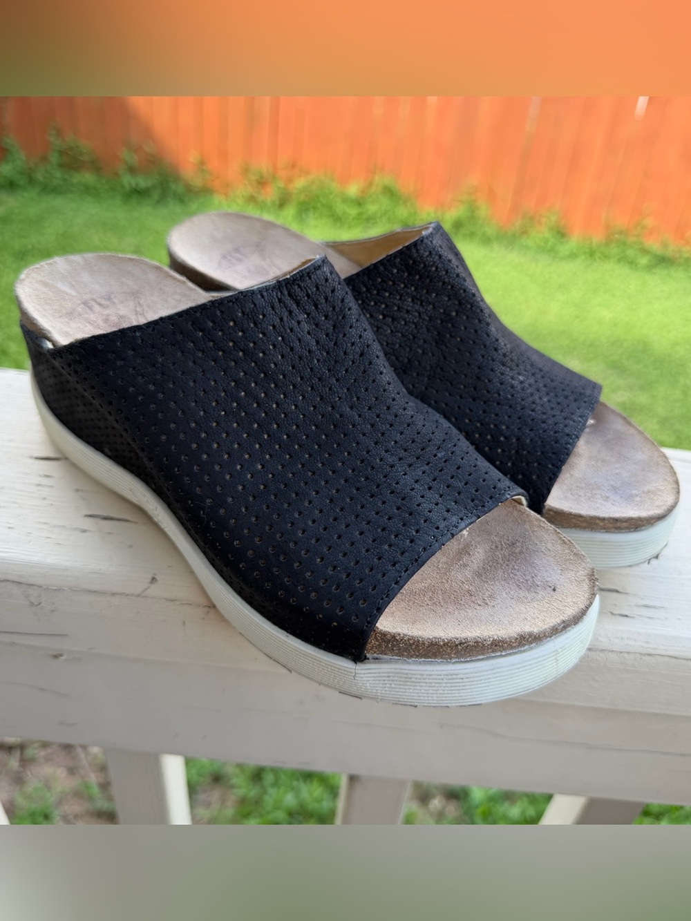 Fly London Black Perforated Slide Wedges